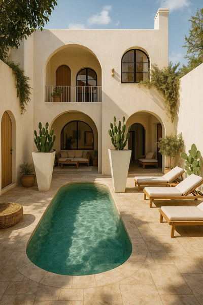 Pots carrés hauts Cuadrado Alto blancs plantés de cactus autour d'une piscine de patio