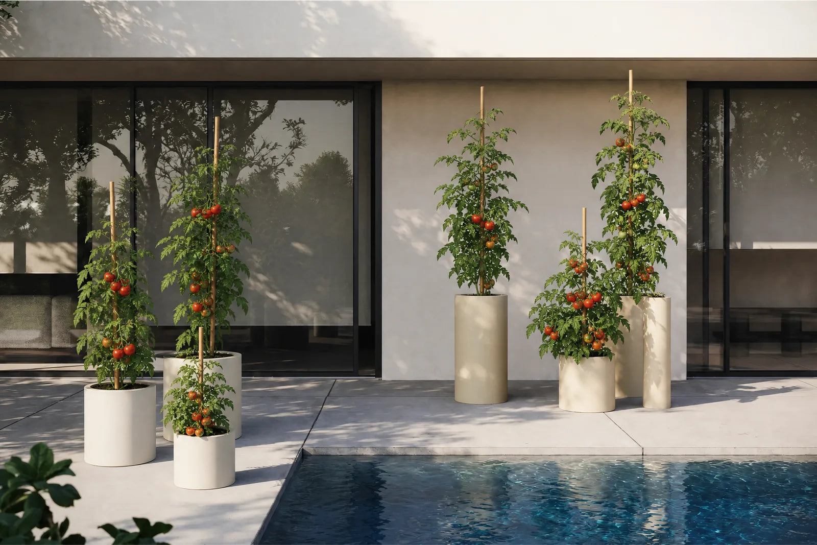 Mit Bambusstäben gestützte Tomaten in zylindrischen Töpfen unterschiedlicher Größe auf einer modernen Terrasse mit Pool